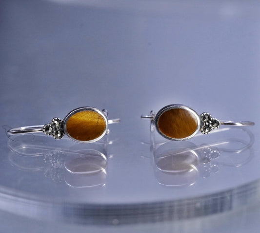 Vintage Sterling Silver Handmade Earrings, 925 Silver with Golden Tiger Eye
