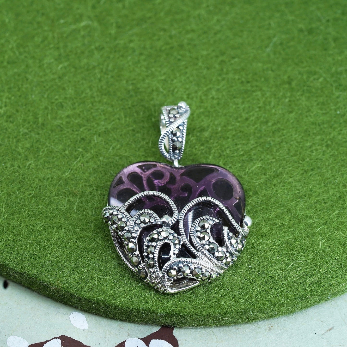 SLC sterling silver pendant, 925 filigree with marcasite purple garnet heart