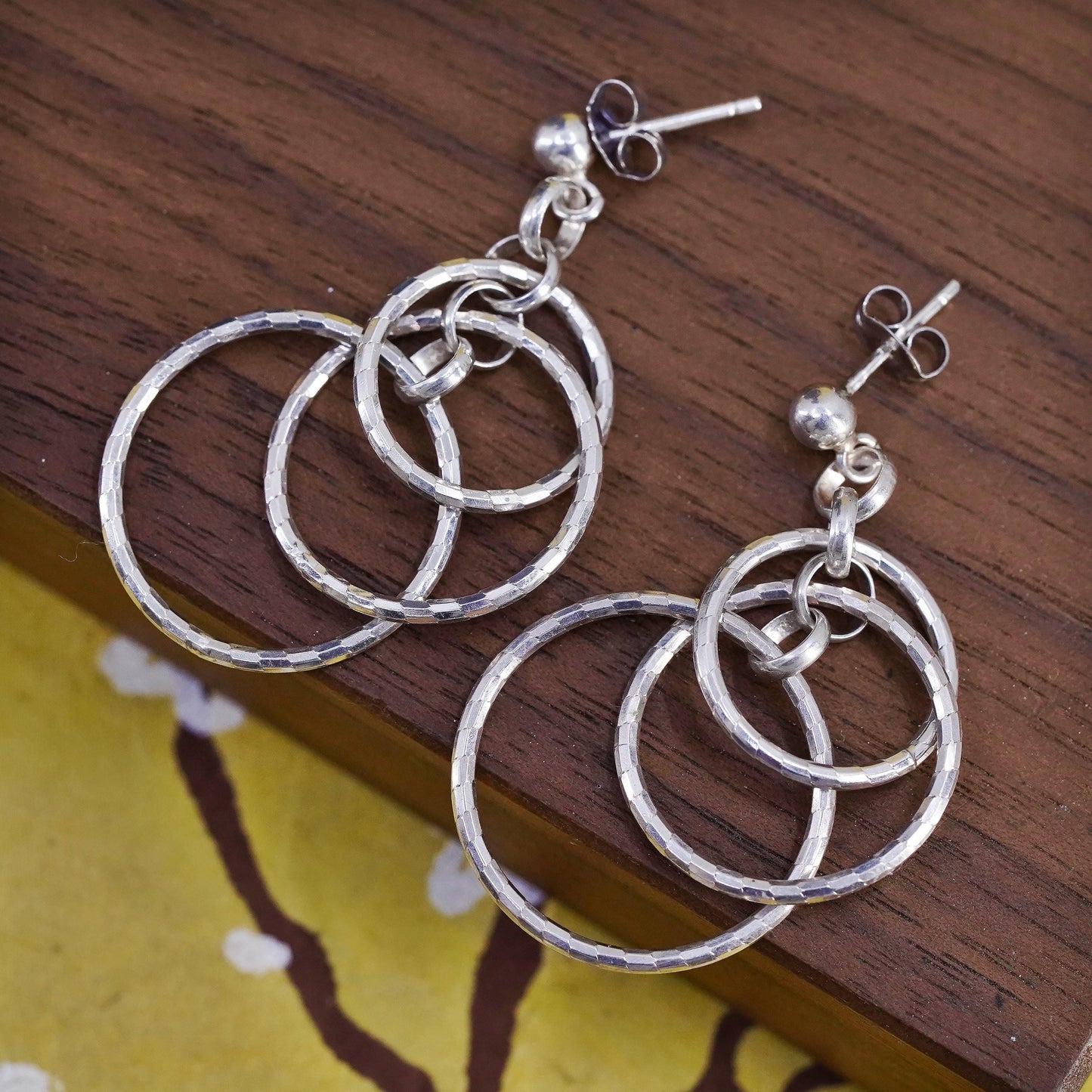 Vintage Sterling silver handmade earrings, textured 925 entwined circles dangle