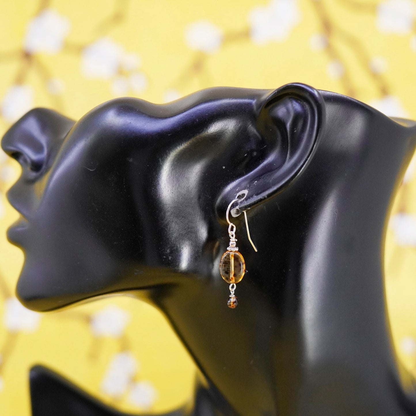Vintage Sterling 925 silver handmade earrings with oval Amber