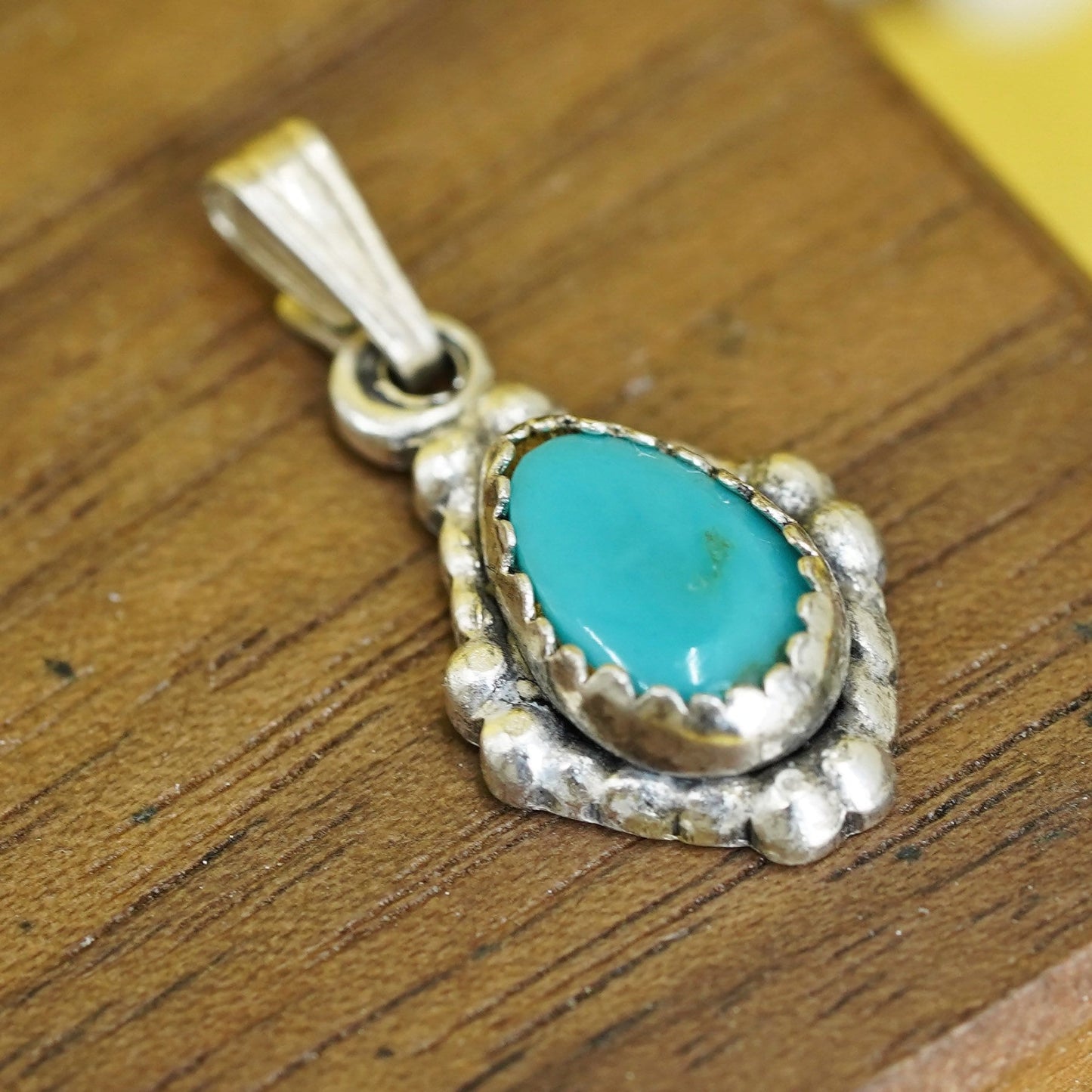 Vintage Sterling silver handmade pendant with teardrop turquoise