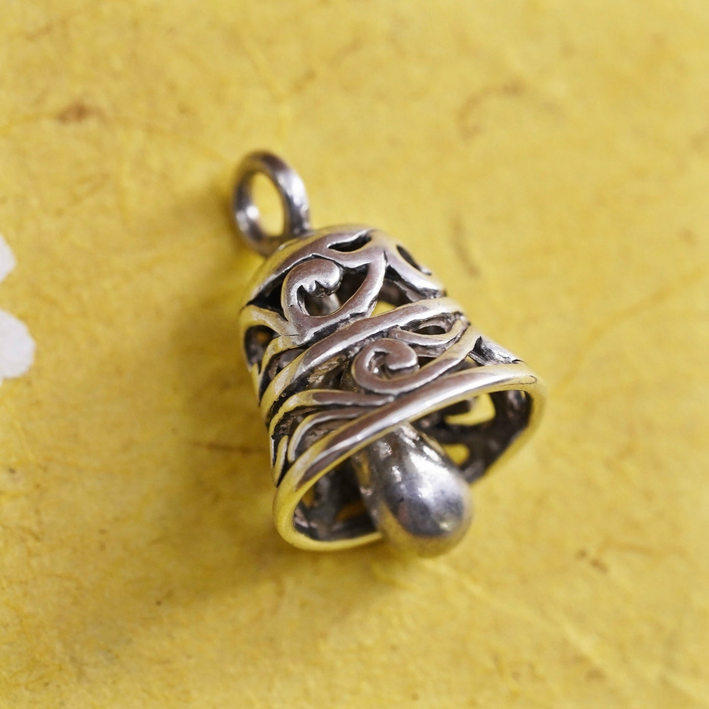 Sterling silver filigree charm, solid Mexico 925 silver bell pendant, chime