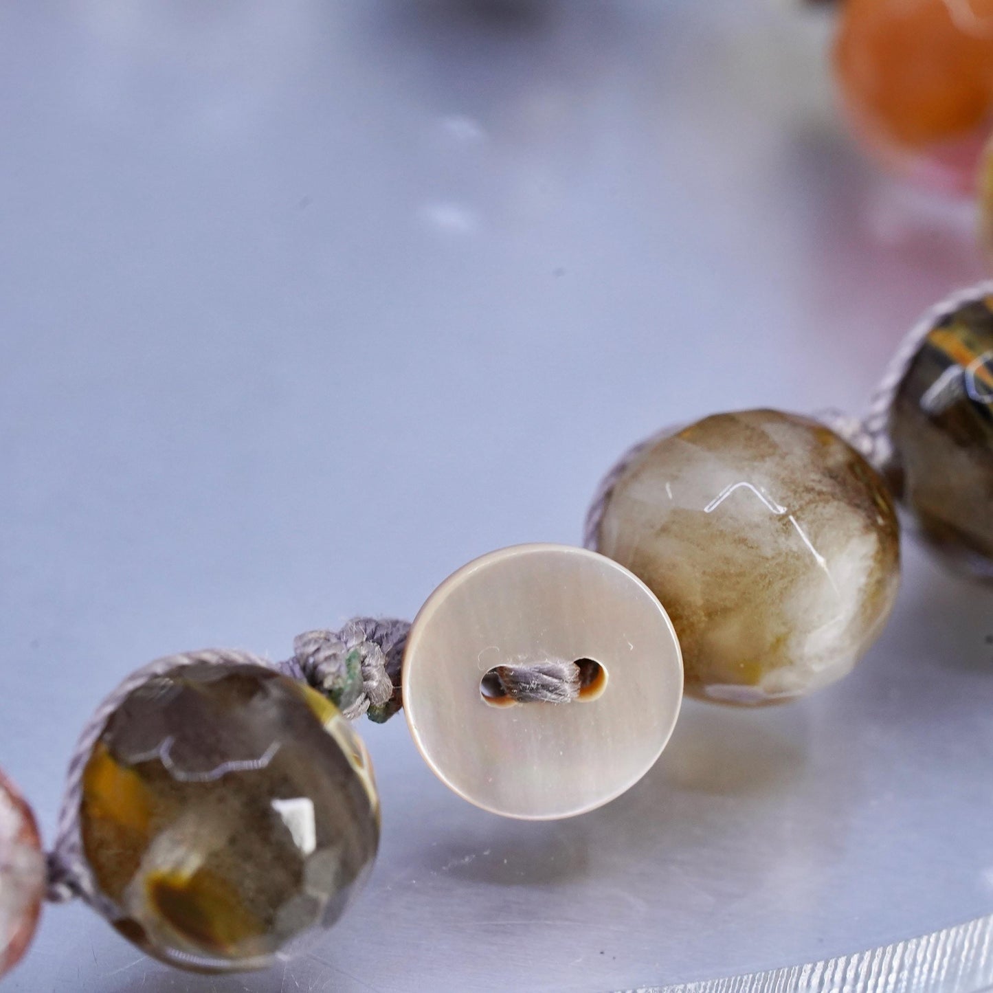 16", Vintage handmade agate pink quartz handmade linens thread necklace