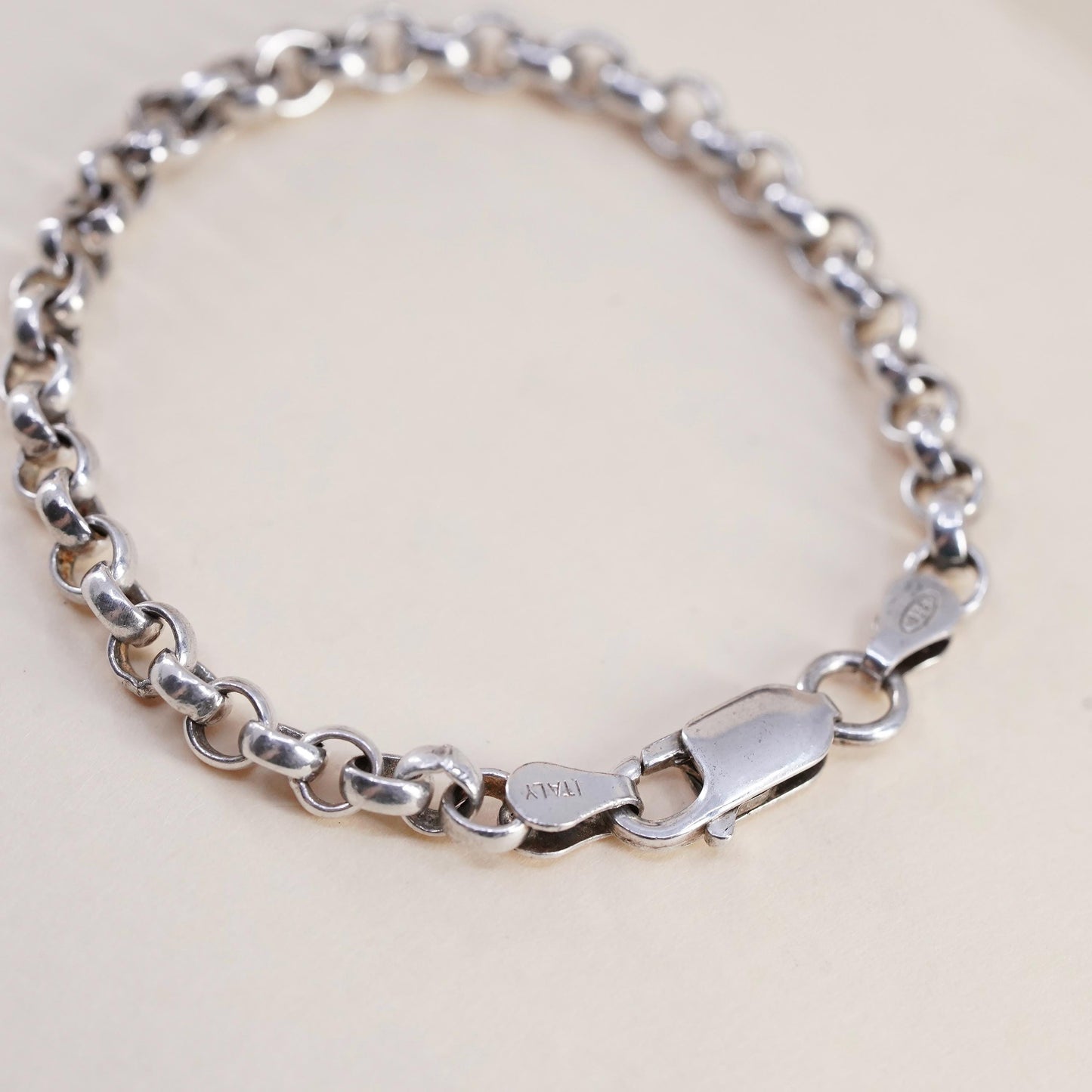 5.5", 4mm, Vintage sterling 925 silver handmade circle link charm bracelet