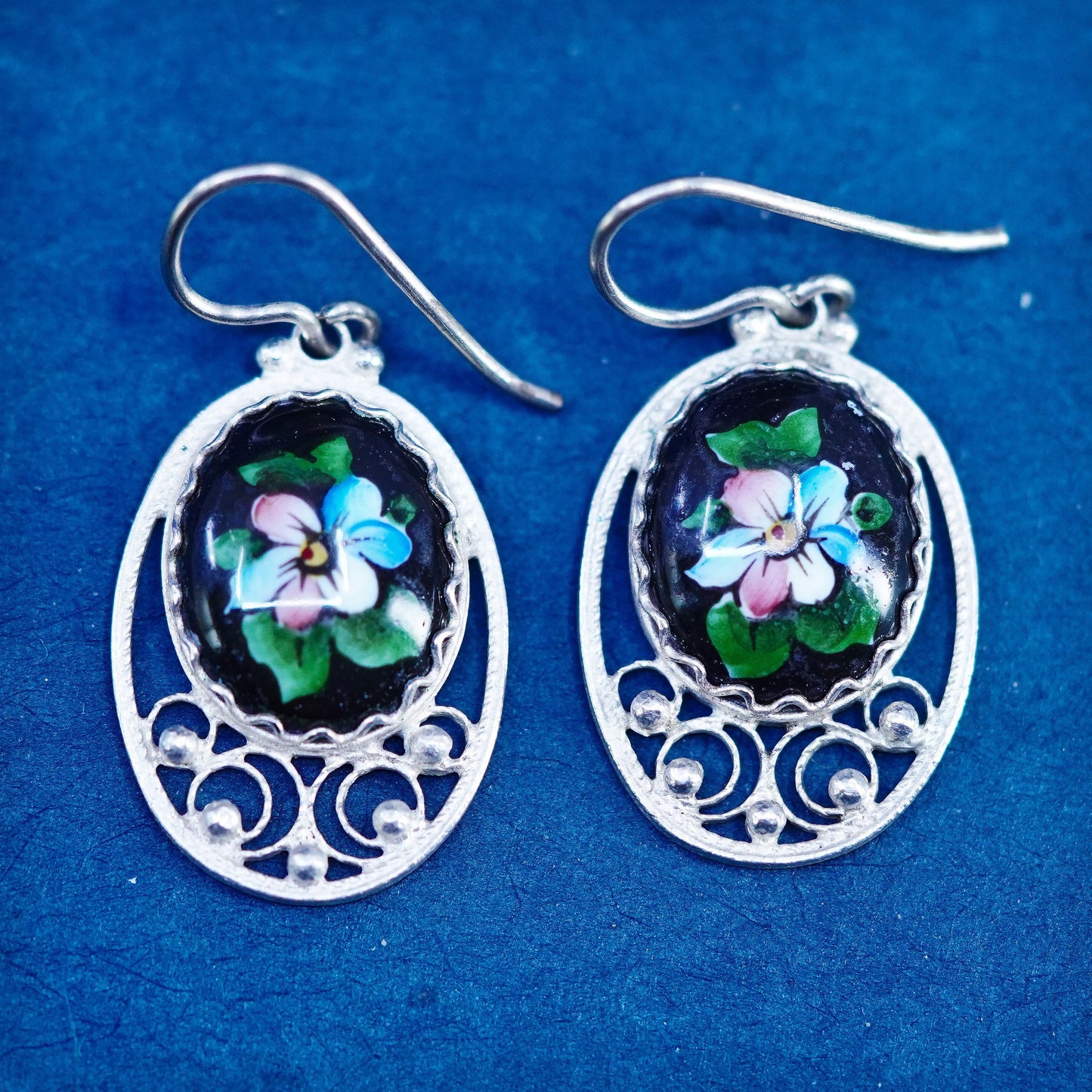 Vintage Sterling 925 silver handmade earrings with flower