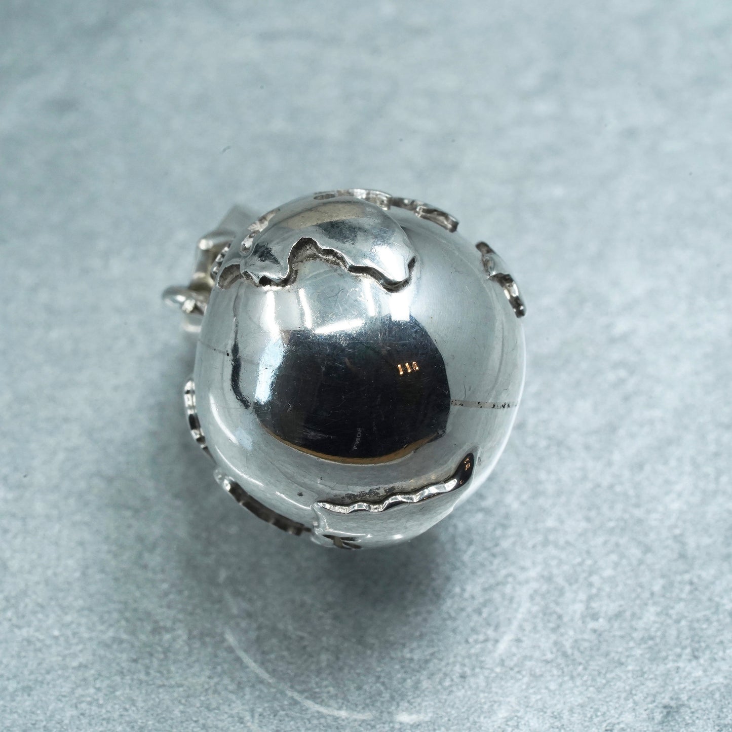 Vintage Mexican Sterling 925 silver chime harmony ball, 925 bell with world map