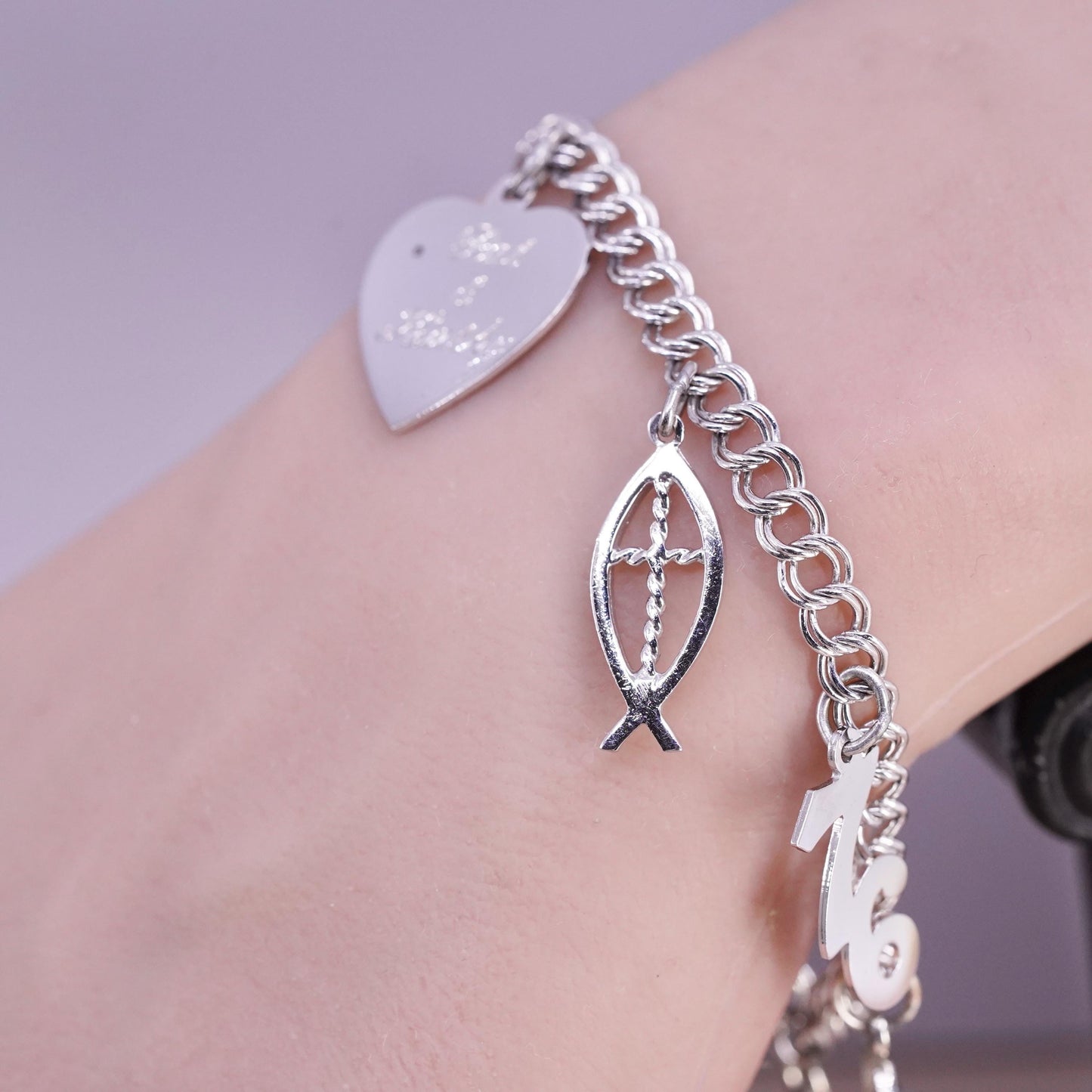 6.75”, vintage Sterling silver bracelet 925 double curb chain fish American map