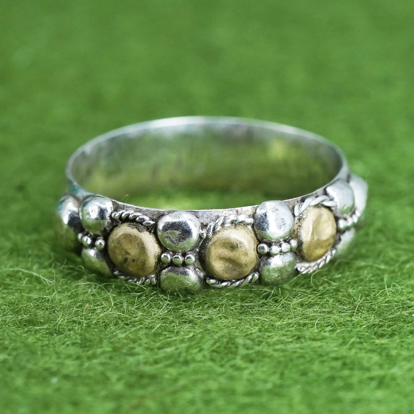 Size 6, vintage two tone Sterling 925 silver handmade ring band w/ brass beads