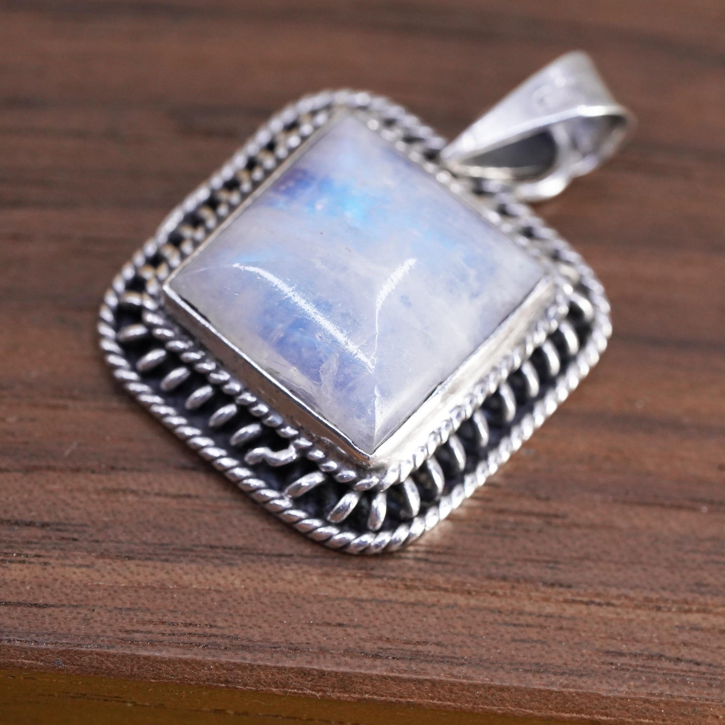 Vintage Sterling Silver Handmade Pendant, solid 925 silver square w/ moonstone