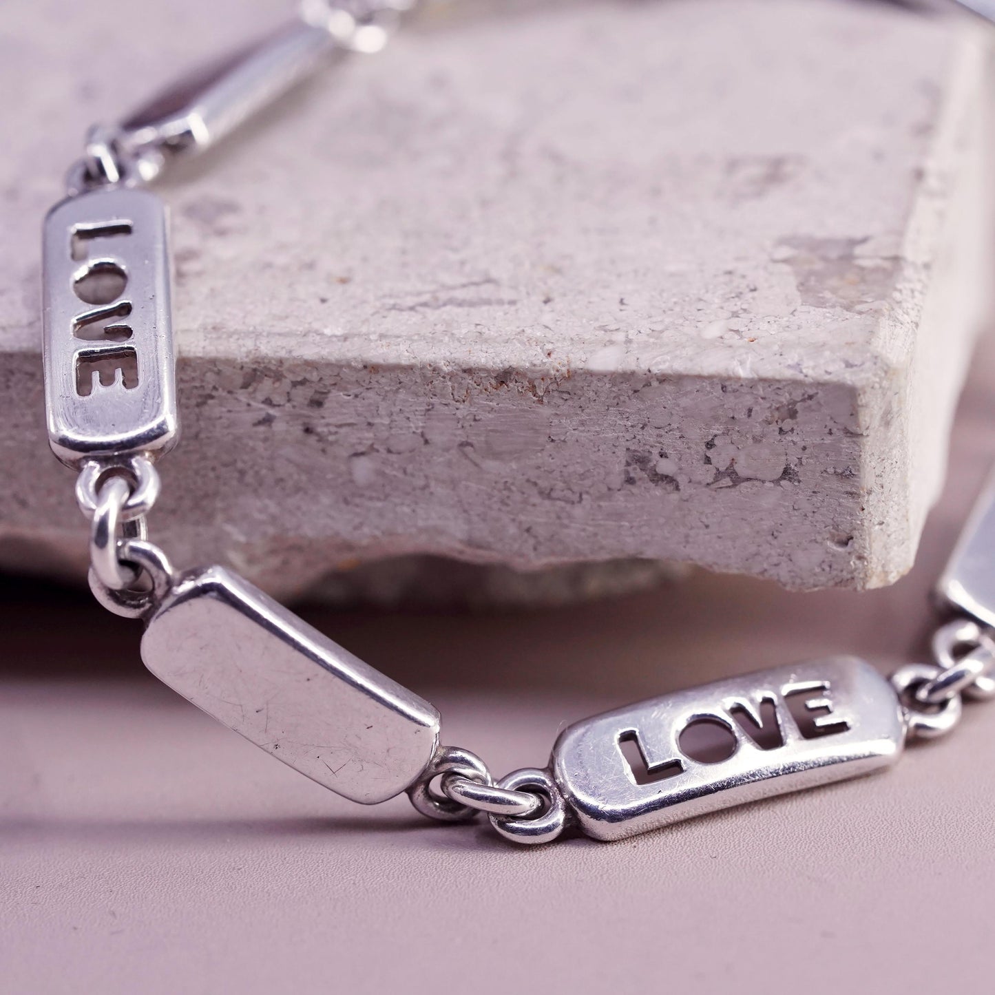 7.5", vintage Sterling silver handmade bracelet, 925 bar with love cutout