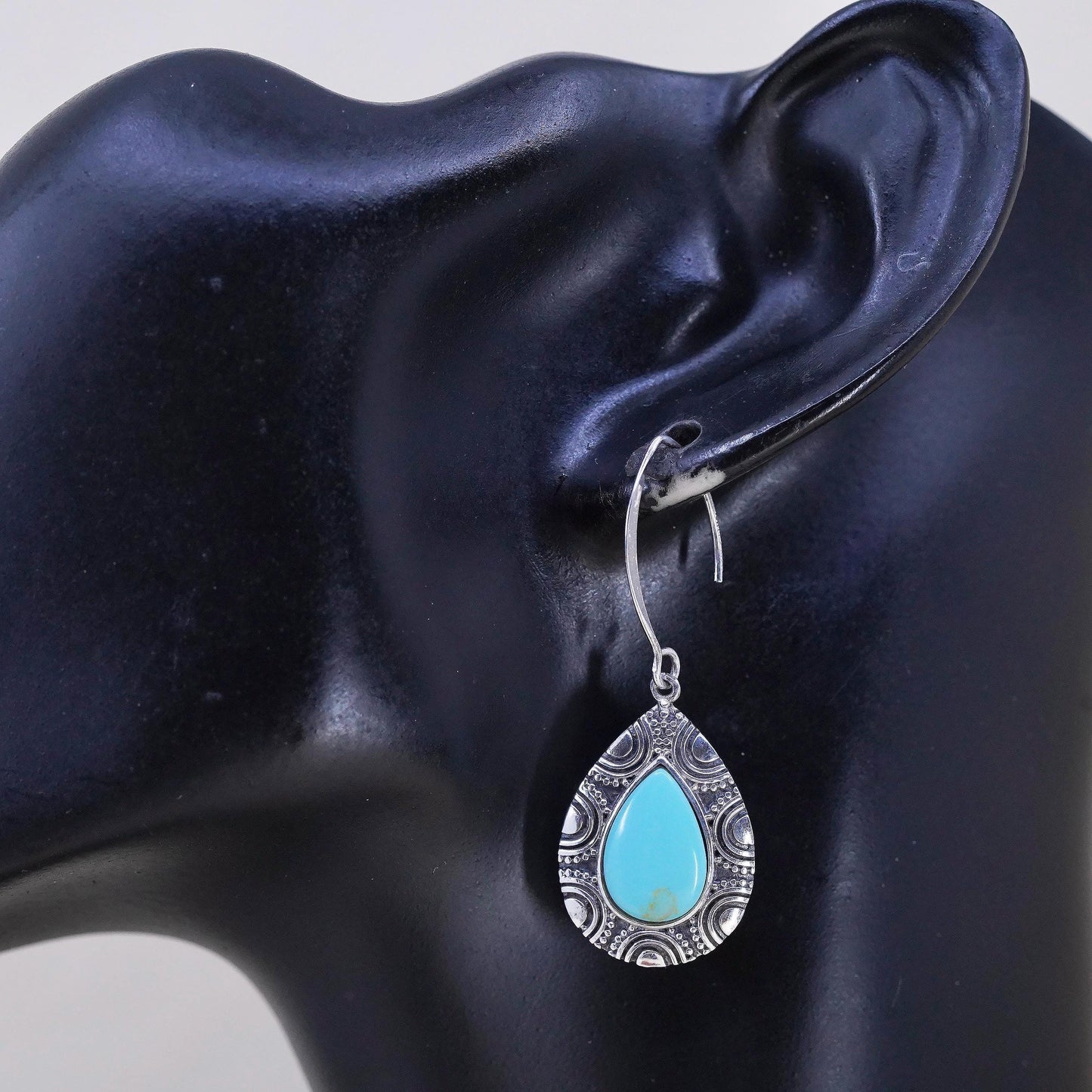 Southwestern sterling silver 925 handmade textured teardrop earrings turquoise