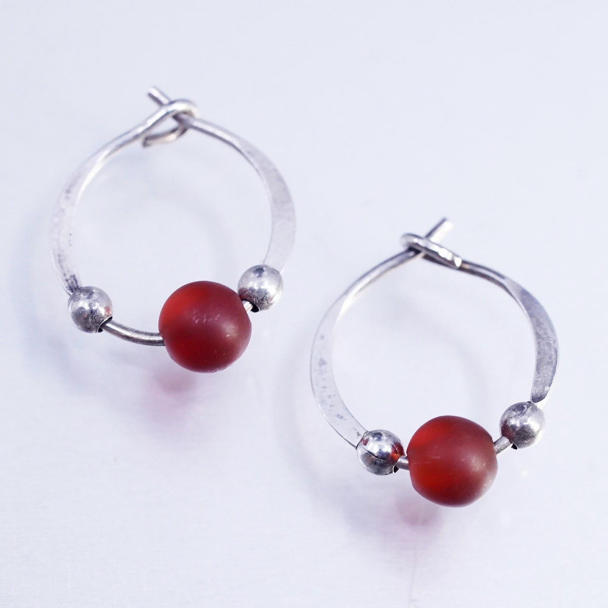 10mm, vintage Sterling silver handmade earrings, 925 Huggie hoops amber bead