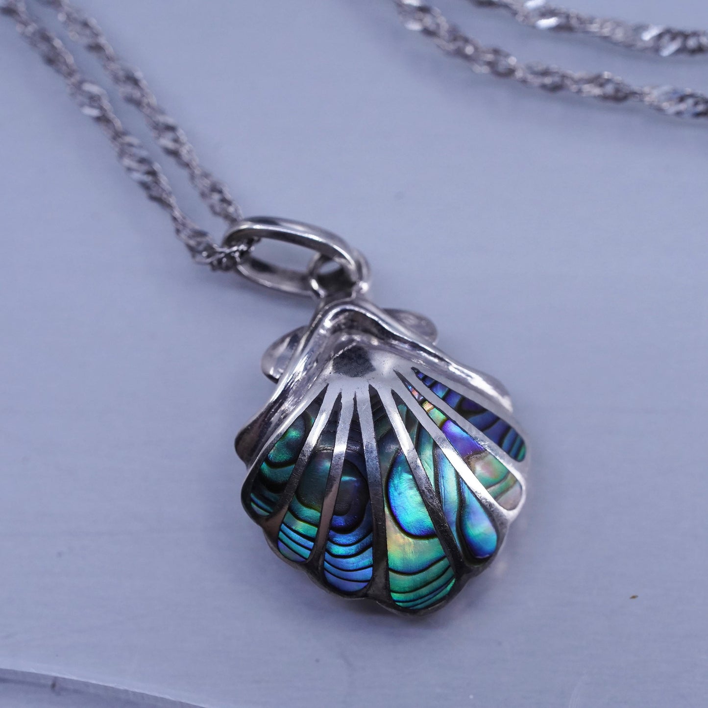17+2” Sterling 925 silver Singapore rope chain necklace abalone shell pendant