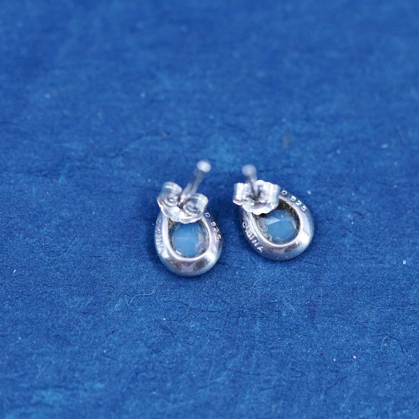 Vintage sterling silver handmade earrings, 925 heart studs with moonstone