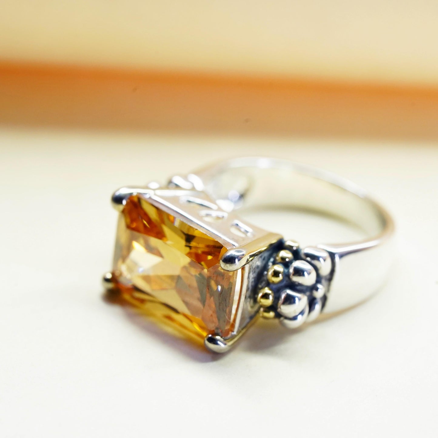 Size 6, vintage Sterling 925 silver cocktail ring citrine 14K yellow gold beads
