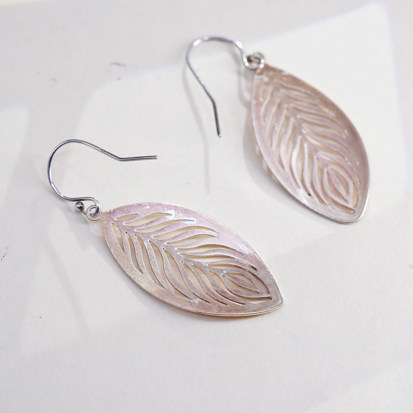 Vintage two tone Sterling silver handmade earrings, matte leaf openwork drops