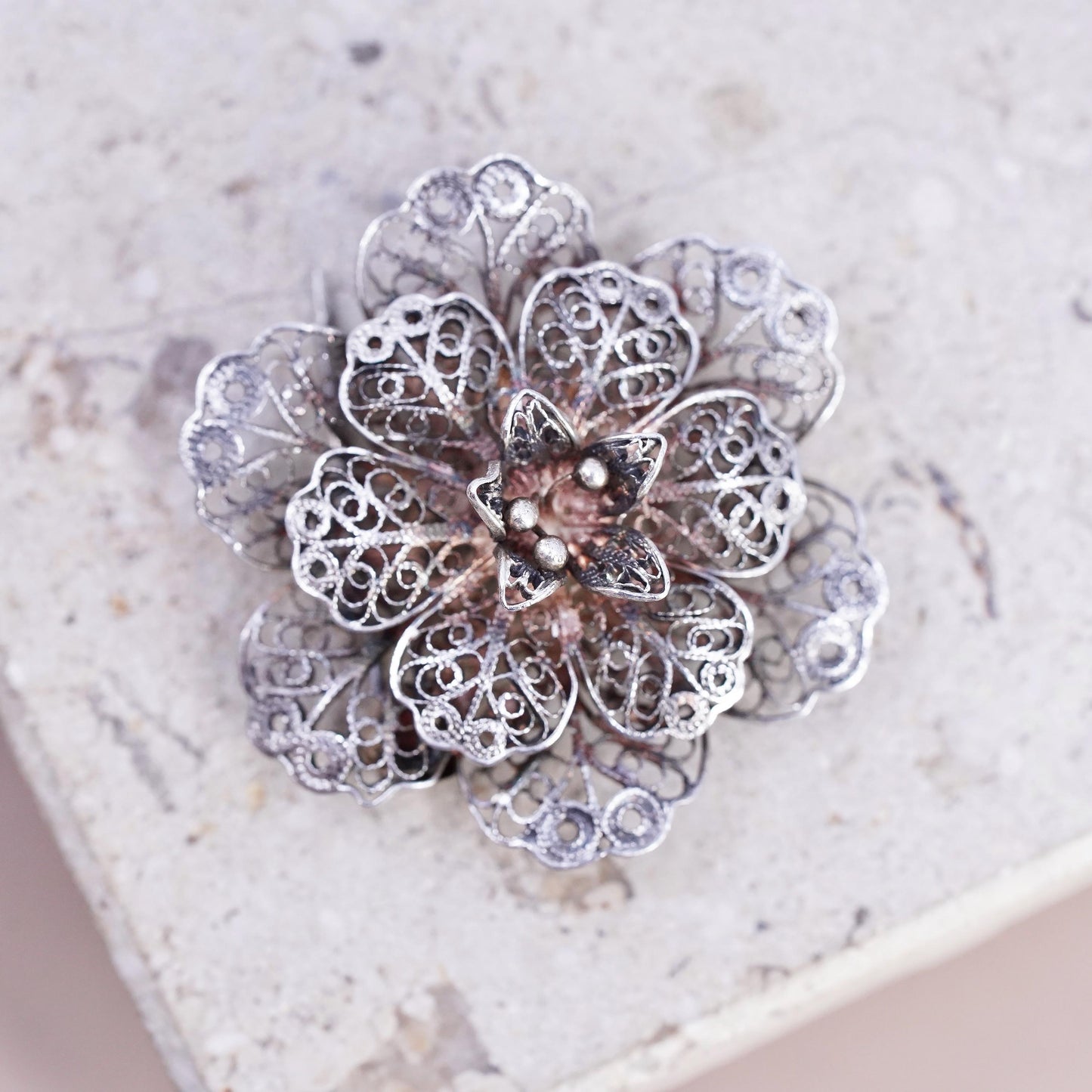 Vintage sterling silver handmade brooch, 925 filigree flower snowflake pin