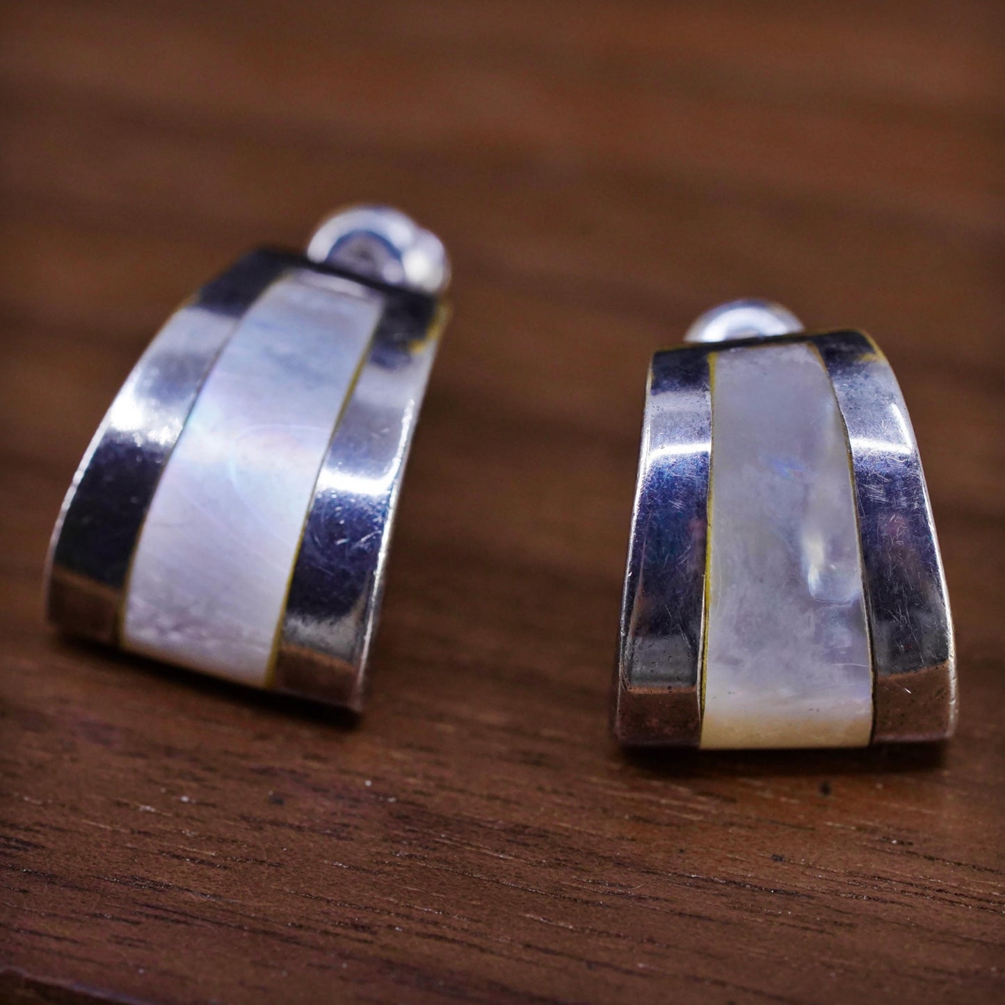 0.5", Vintage Sterling silver earrings, 925 huggie studs with mother of pearl