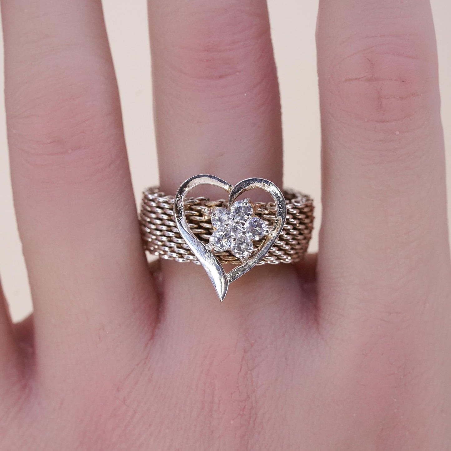 Size 8.25, Vintage sterling silver mesh chain ring, 925 band with heart and cz