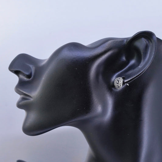 0.75”, vintage Sterling silver handmade earrings, 925 huggie hoops w/ marcasite