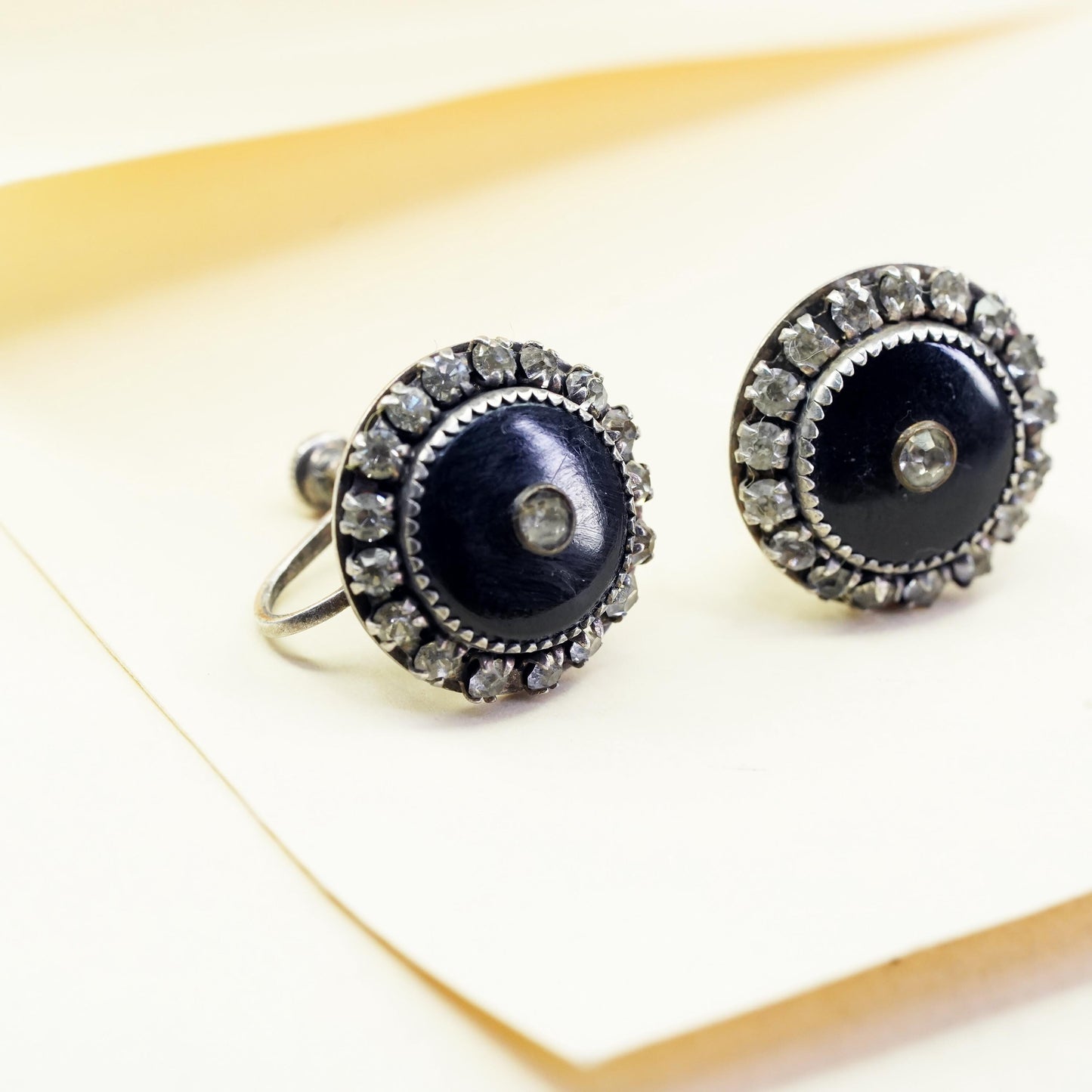 1950s sterling 925 silver earrings round screw back earrings onyx rhinestone
