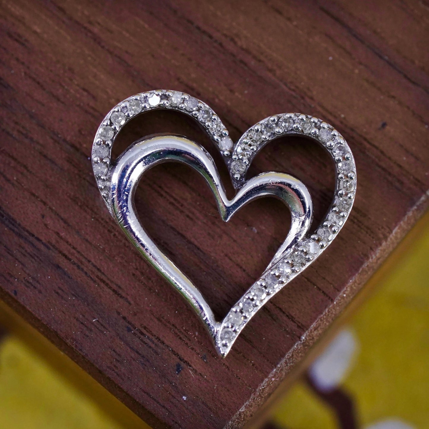 Vintage SUN sterling silver pendant, 925 double heart with cluster diamonds