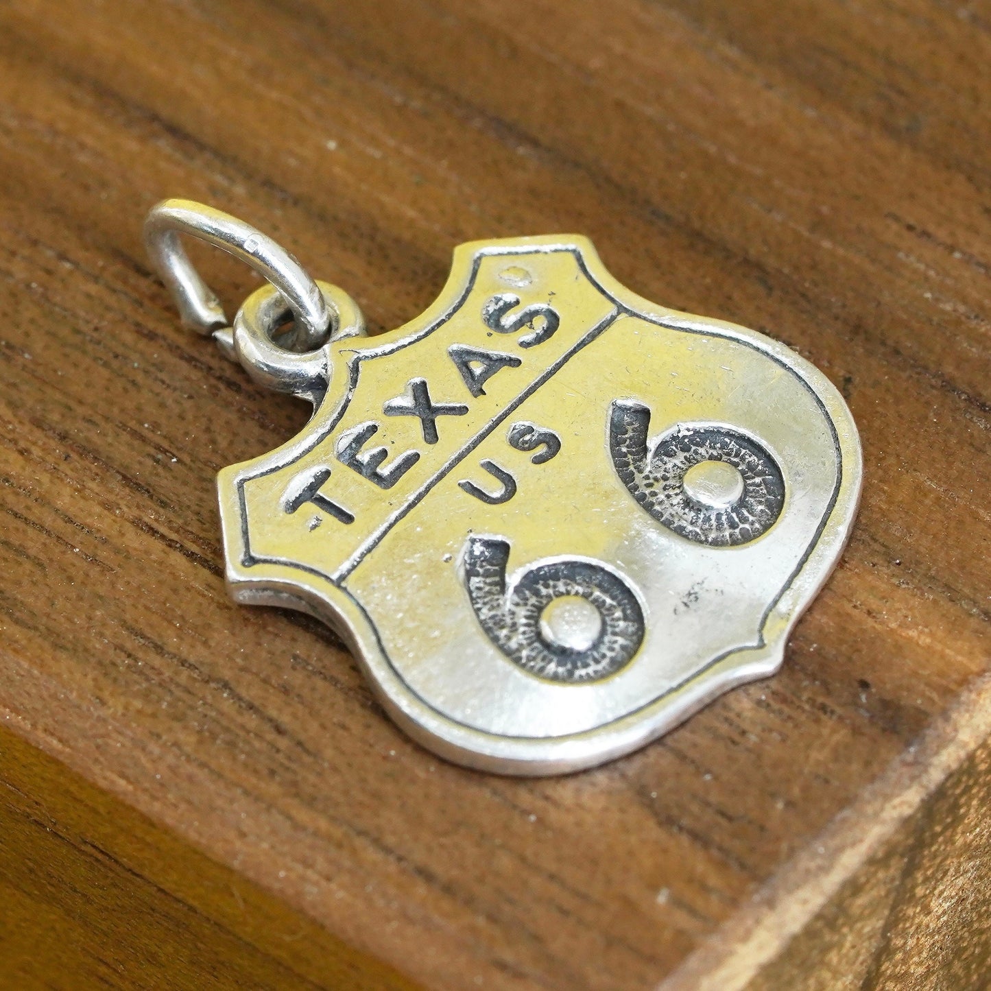 Vintage Sterling silver handmade charm, 925 silver pendant Route 66 state tag