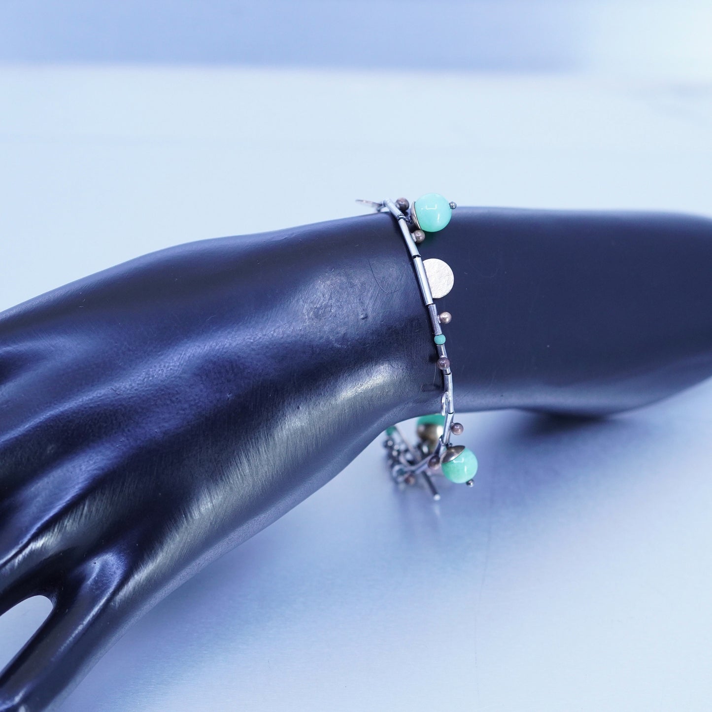 7”, Sterling 925 silver bracelet, liquid silver chain with turquoise beads