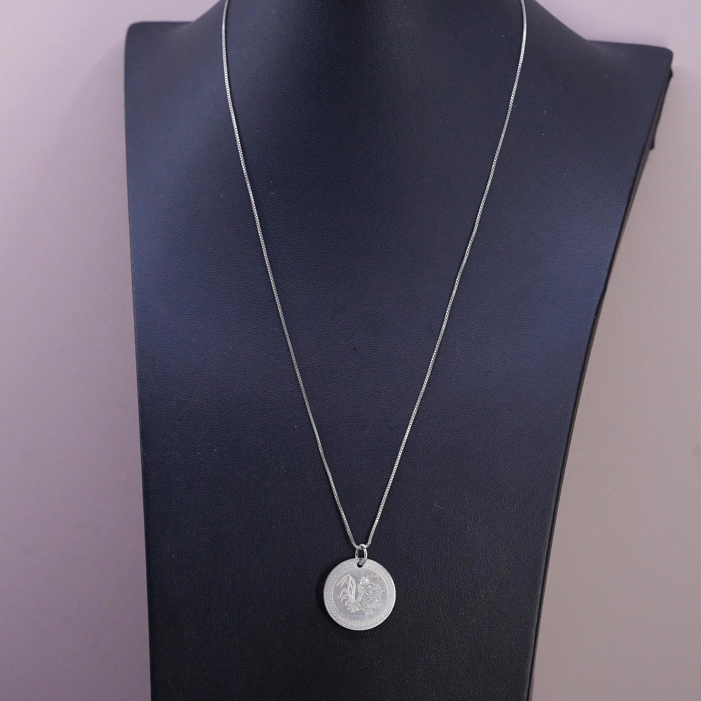 20" Sterling Silver 925 Coin Pendant Necklace Asian Mythical Dragon Medallion