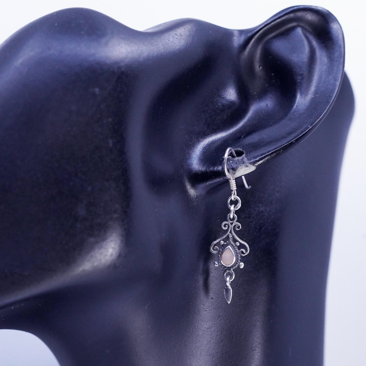 Vintage Sterling 925 Silver Filigree Teardrop Shaped Earrings Mother of Pearl