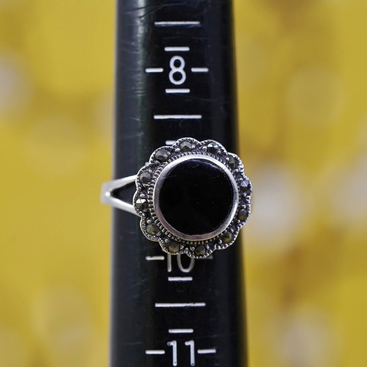 Size 9.25, Sterling 925 silver handmade ring with black onyx and marcasite