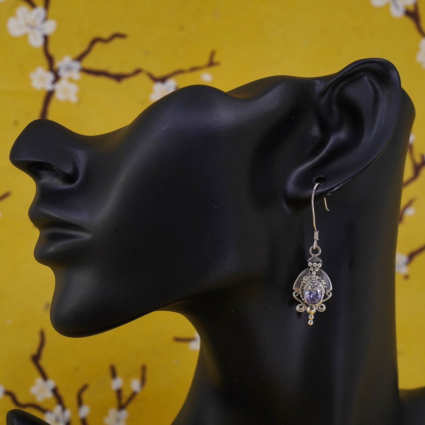 Vintage Sterling silver handmade earrings, 925 bali with oval amethyst