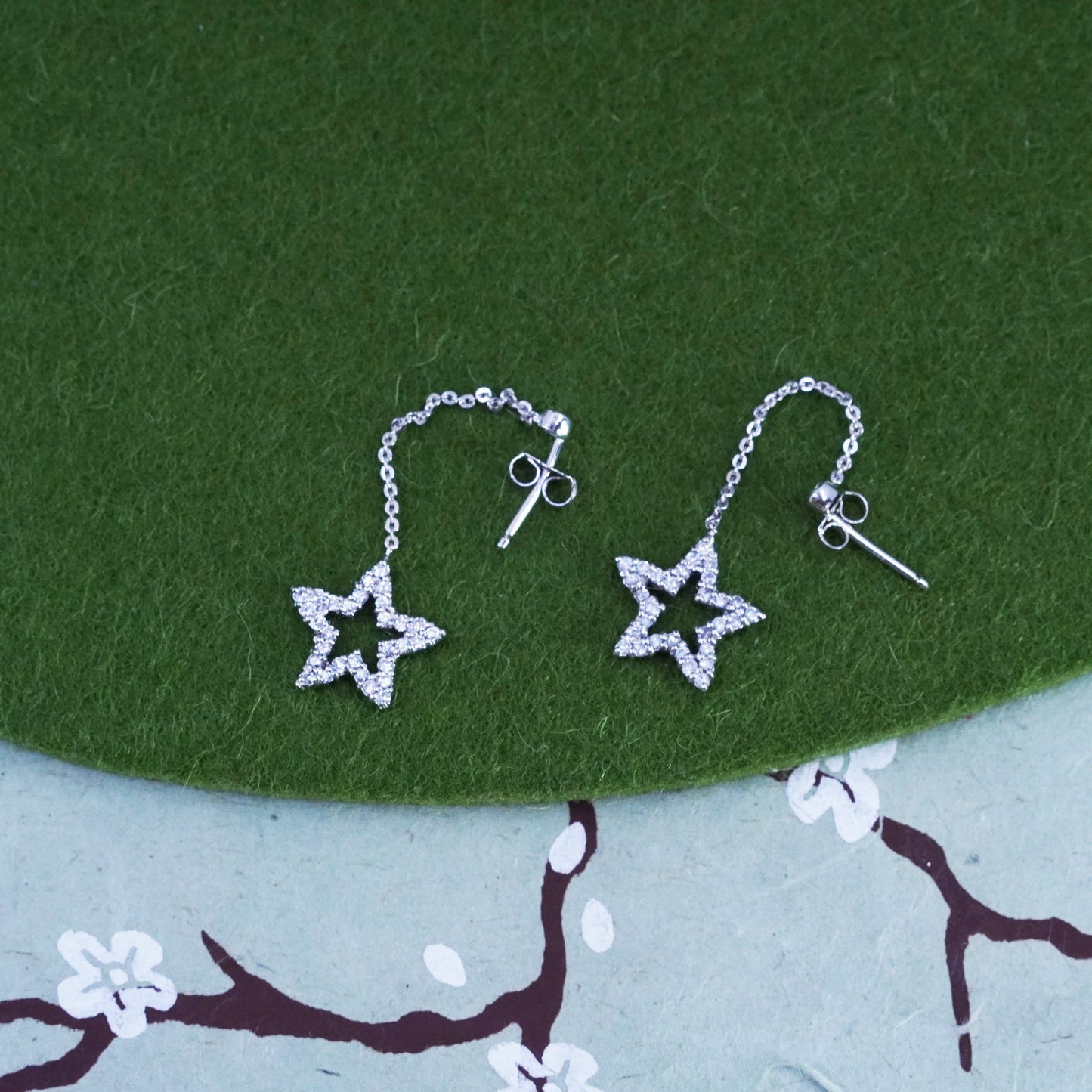 Vintage Sterling 925 silver handmade star earrings with cluster cz