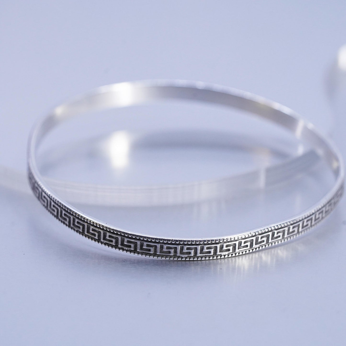 7.75", Vintage sterling silver 925 silver bracelet, greek key textured bangle