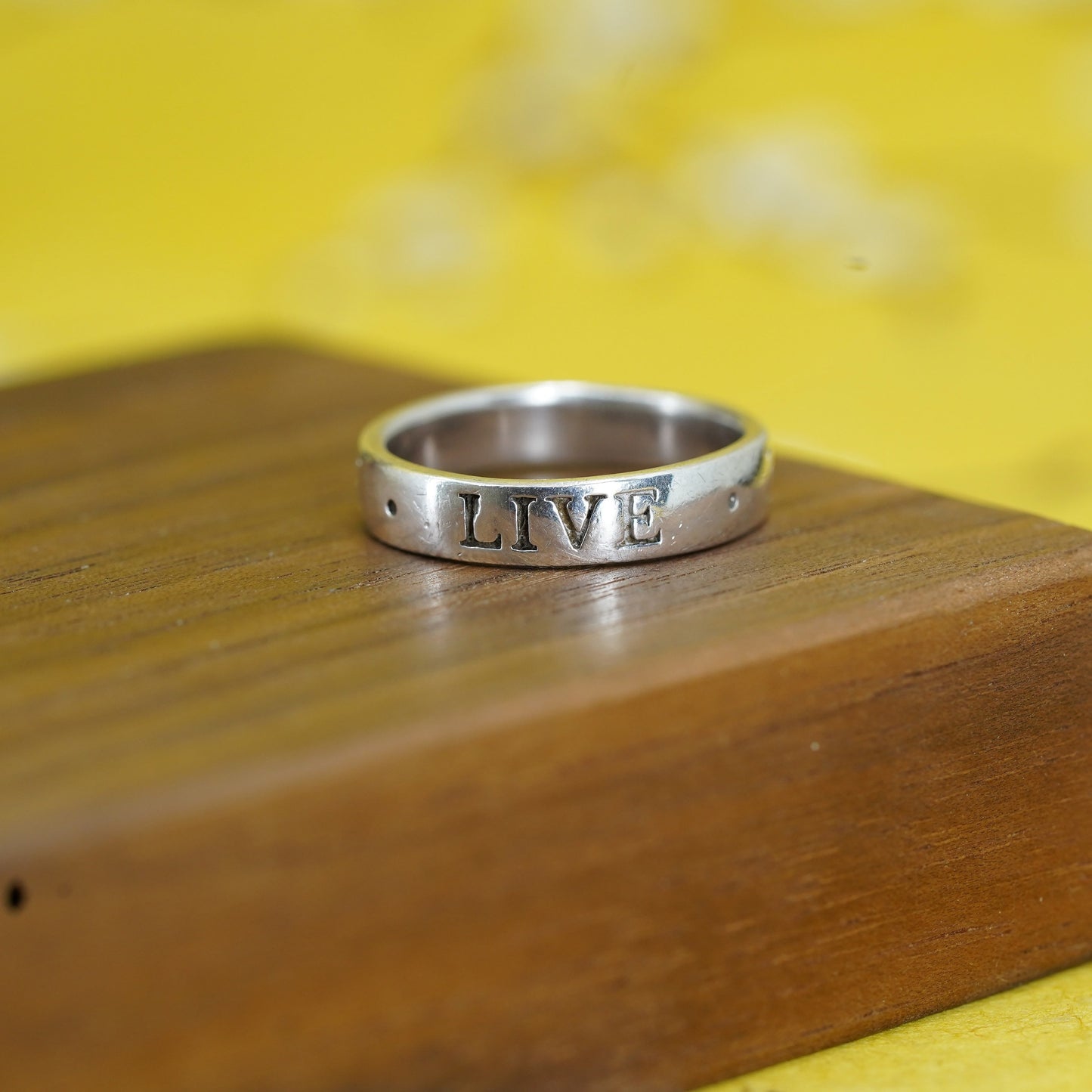 Size 7.5, Sterling silver inspirational ring, 925 quote band “live love laugh