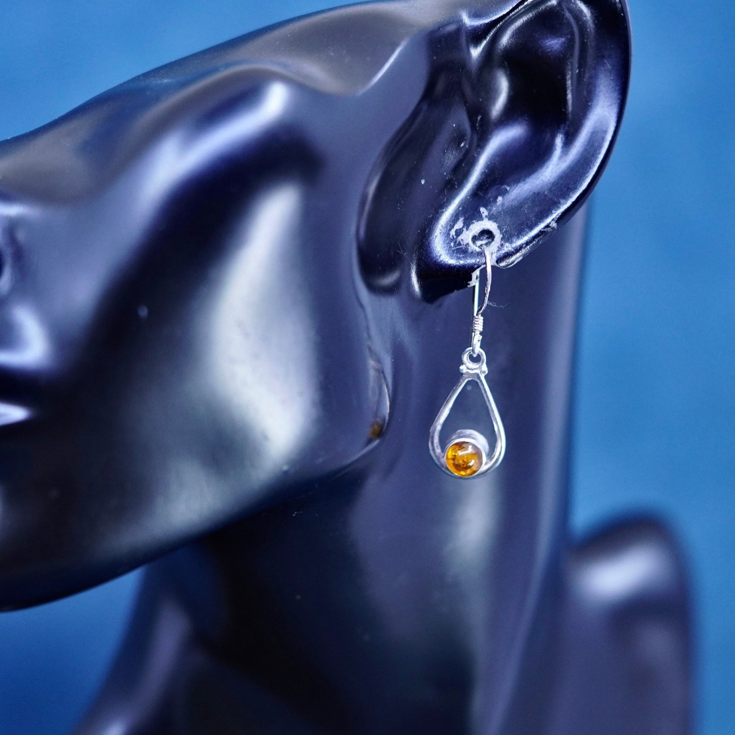 Vintage sterling silver handmade earrings, 925 teardrop with amber