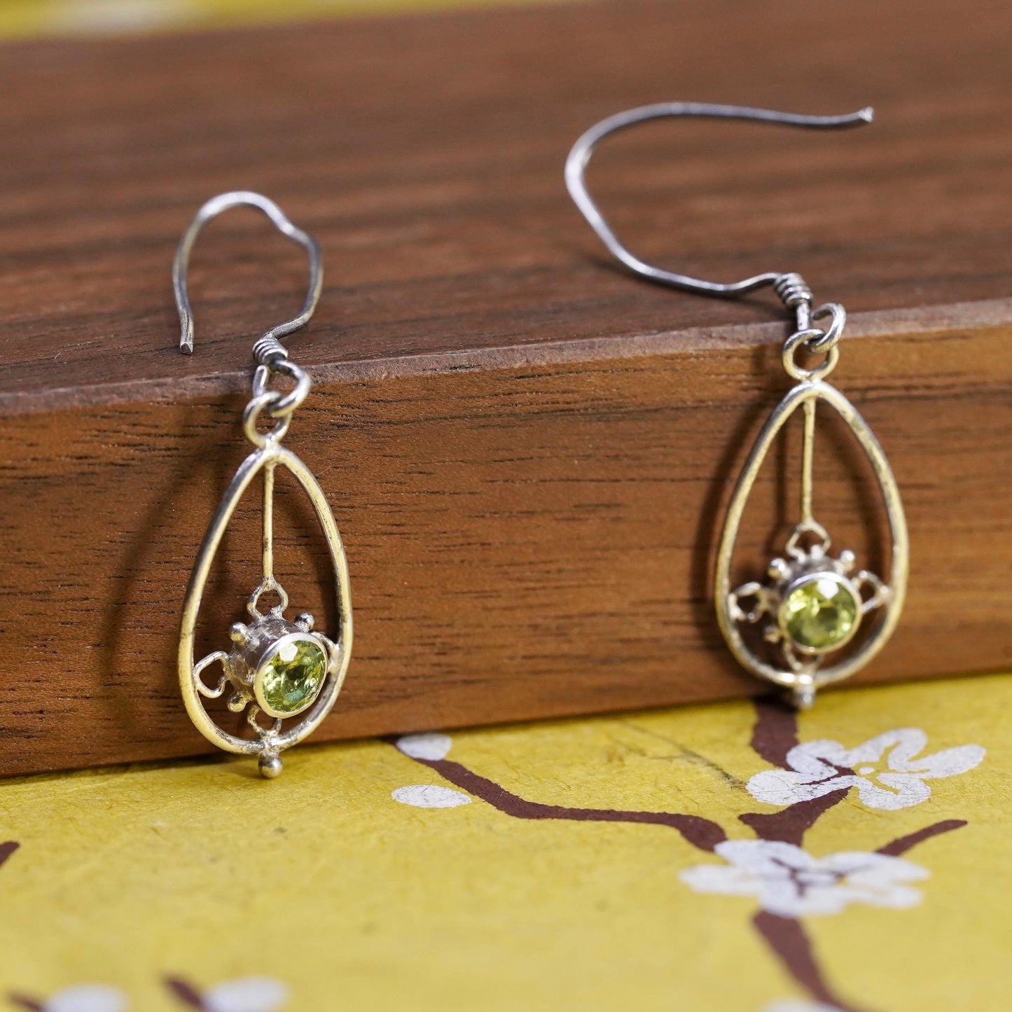 Vintage Sterling silver handmade earrings, 925 teardrop with peridot