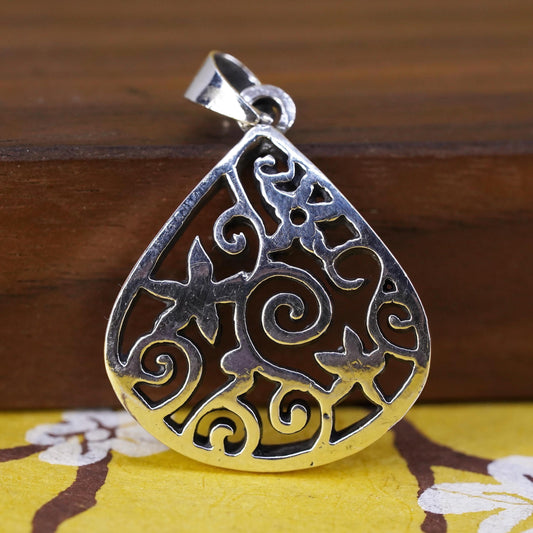Vintage Sterling silver handmade pendant, 925 filigree puffy teardrop