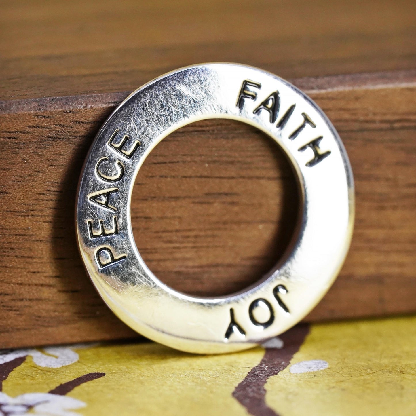 Vintage sterling silver handmade pendant, 925 circle faith peace joy embossed