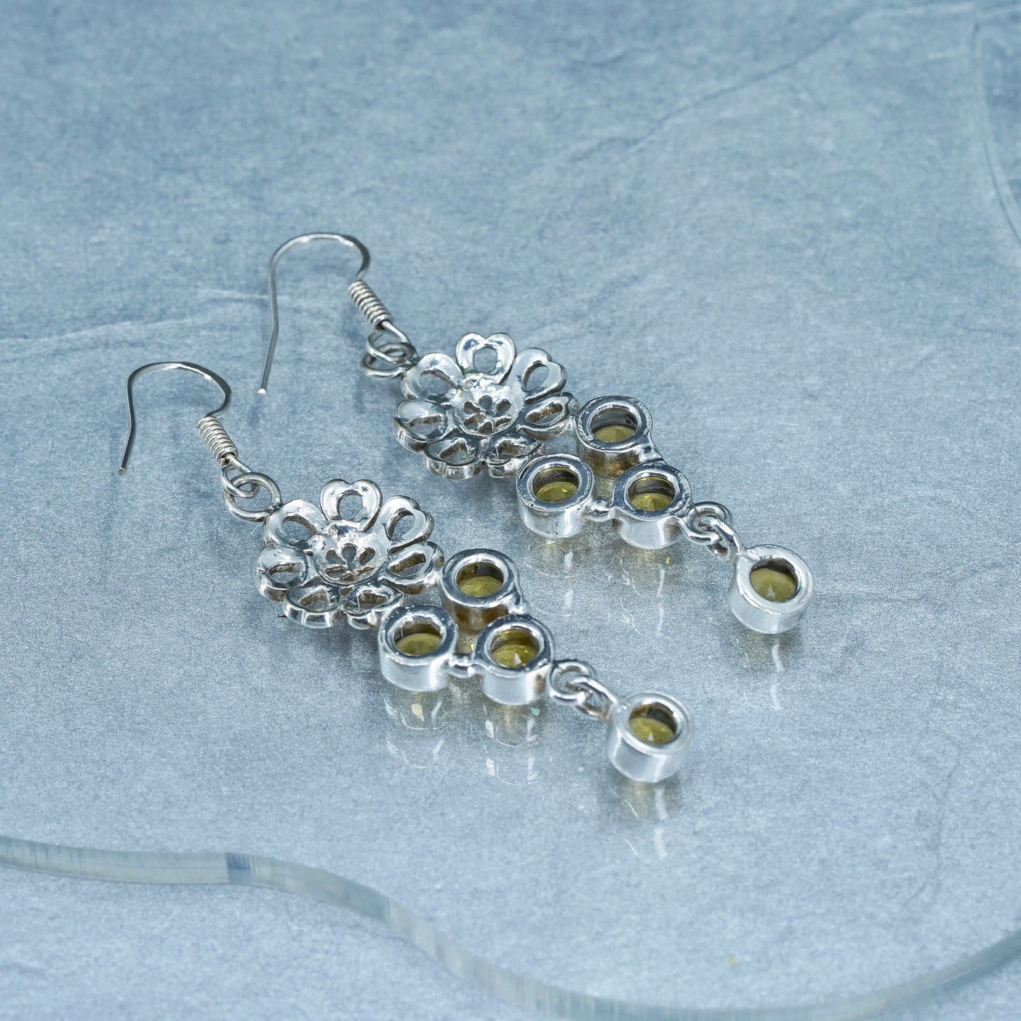 Vintage Sterling 925 silver handmade flower earrings with citrine