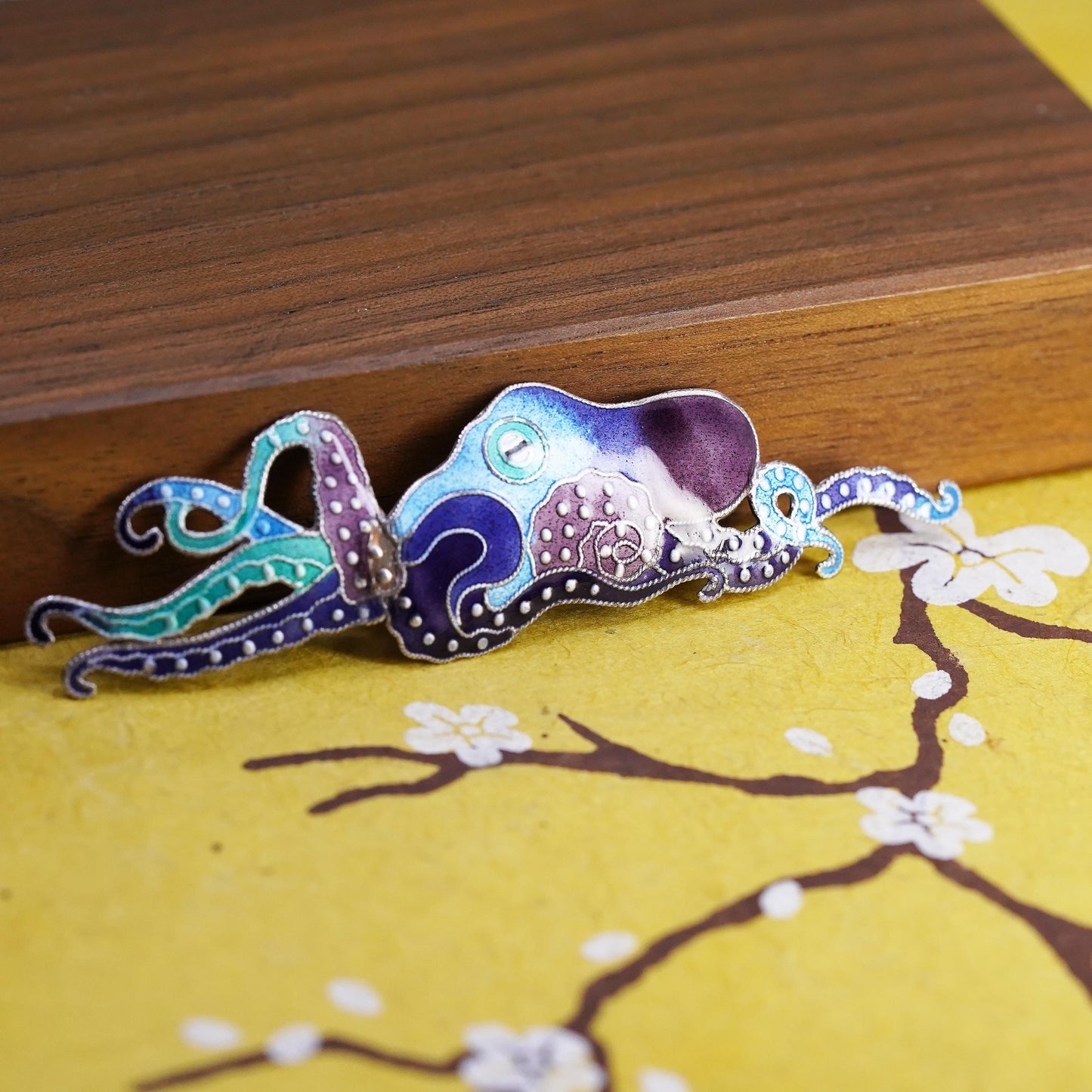 Vintage antique handmade sterling silver 925 blue octopus brooch with enamel