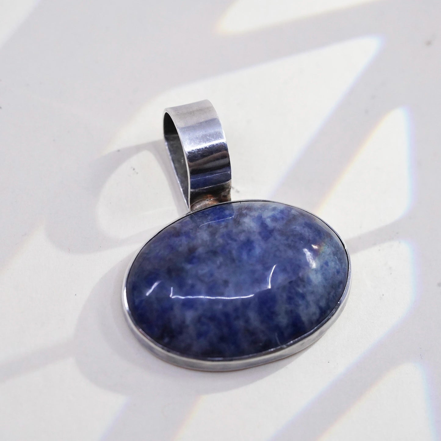 VTG Sterling Silver Blue Sodalite Oval Cabochon Pendant, Modernist 925 Jewelry