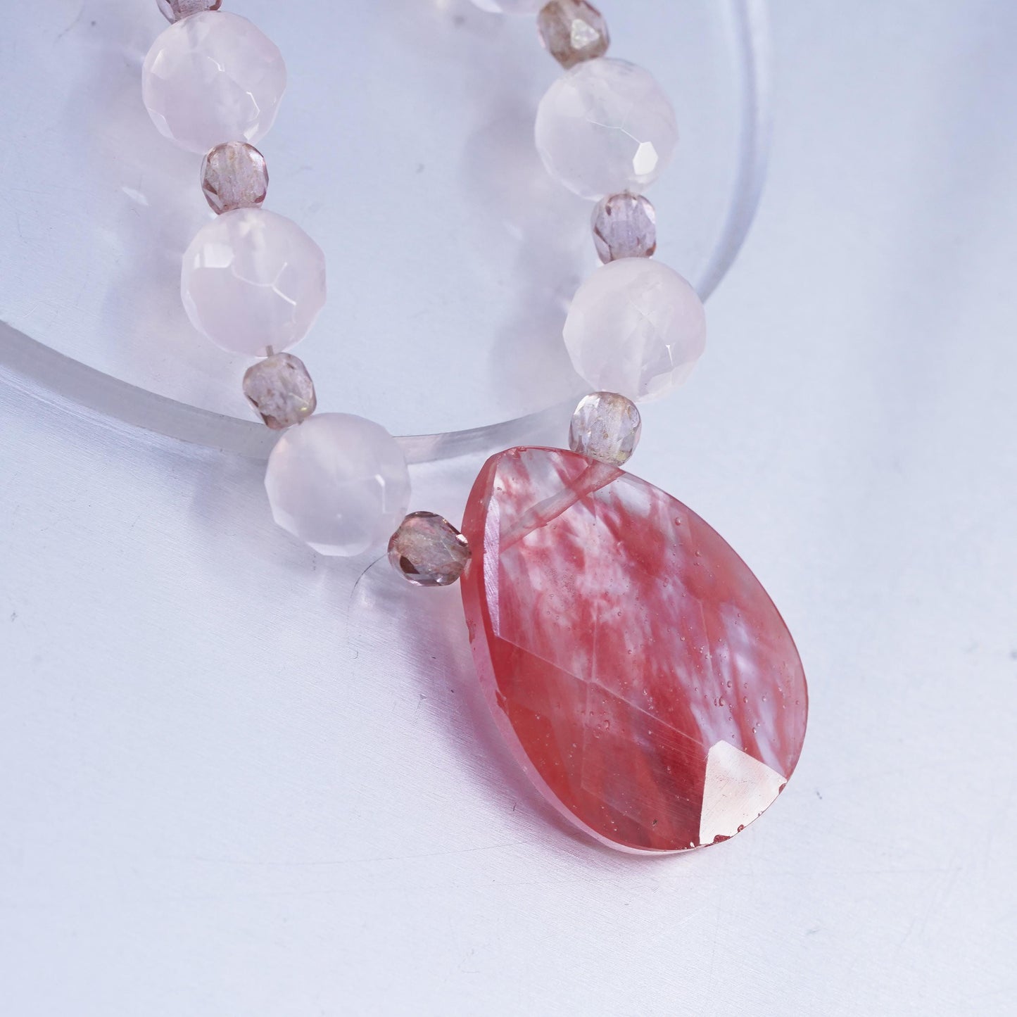 19", 925 Sterling Silver Pink Rose Quartz Beads cherry quartz teardrop pendant