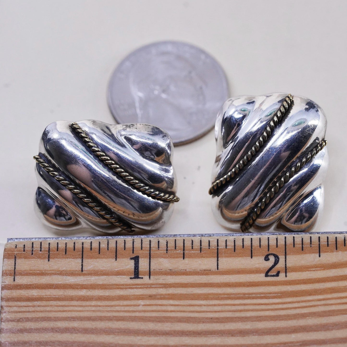 Vintage two tone Sterling silver earrings, Mexican 925 silver huge dome studs