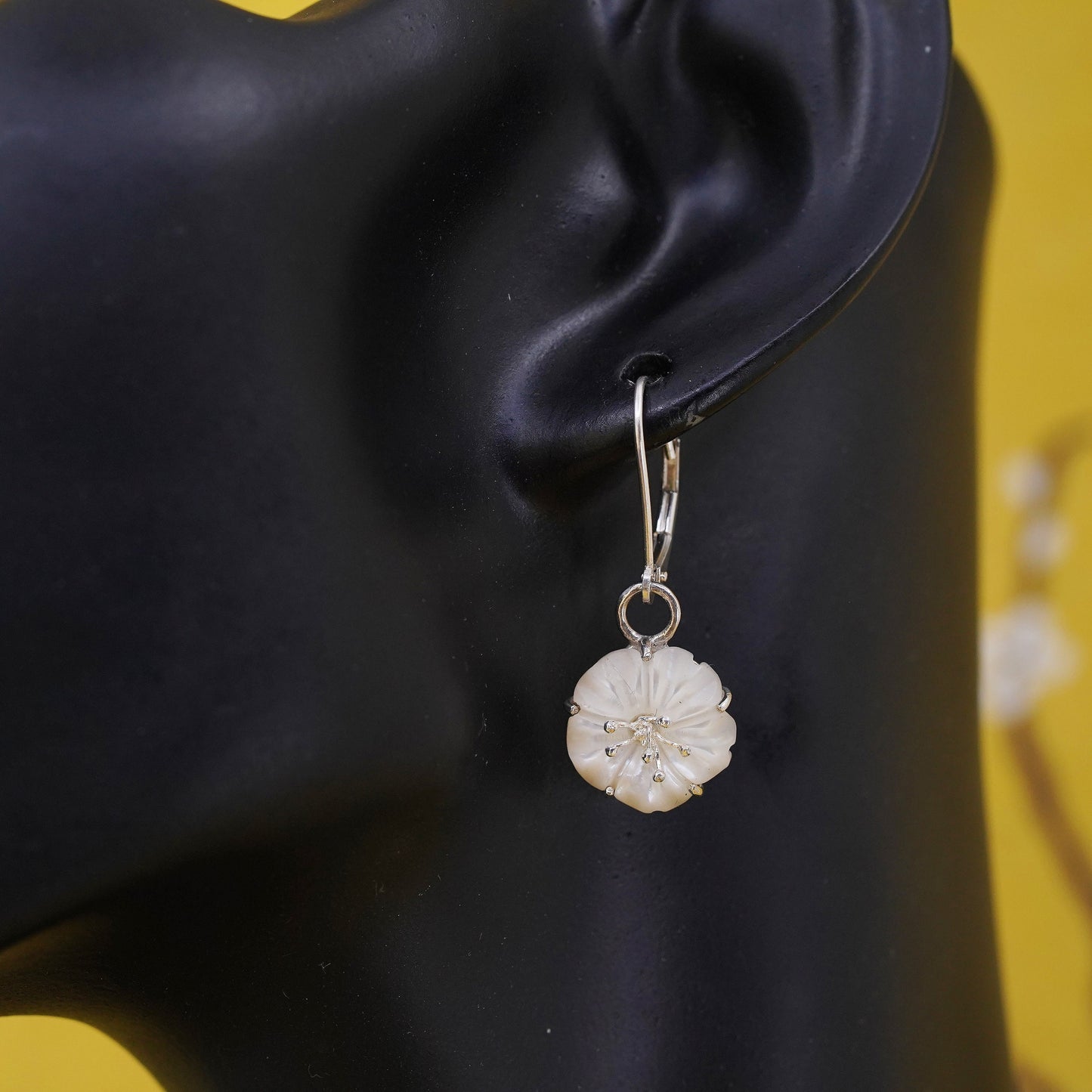 Vintage Sterling silver earrings, 925 plumeria flower dangles mother of pearl