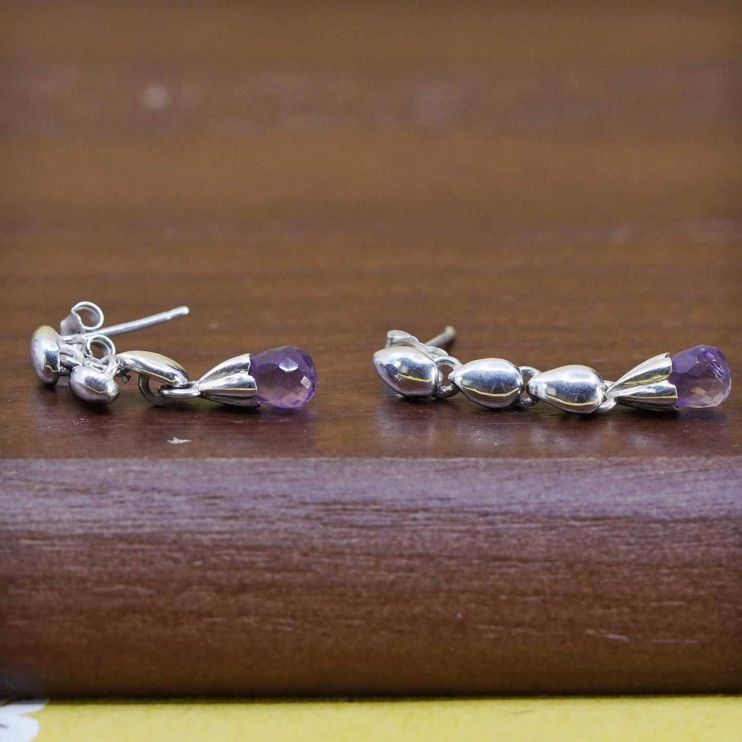 Vintage Sterling 925 silver handmade teardrop earrings with amethyst