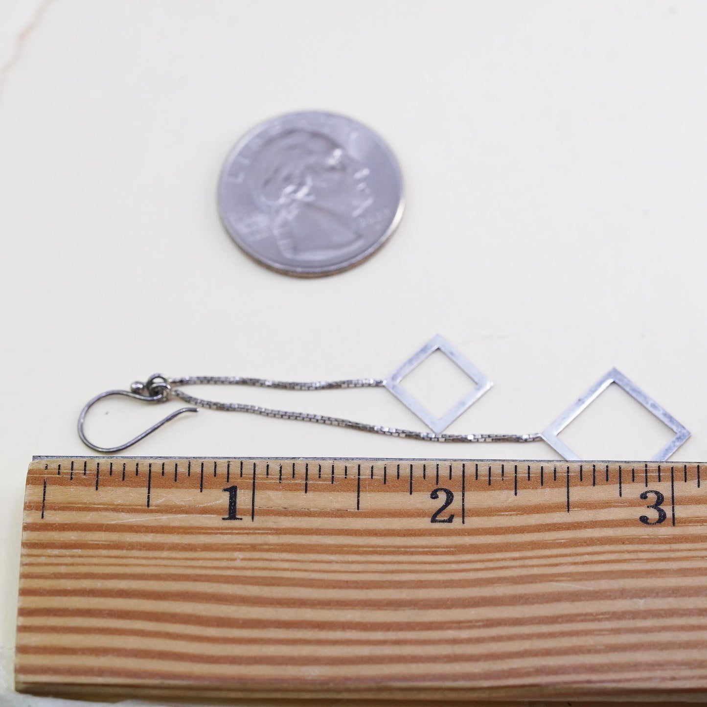 Vintage Sterling 925 silver handmade long box chain earrings w/ square dangles