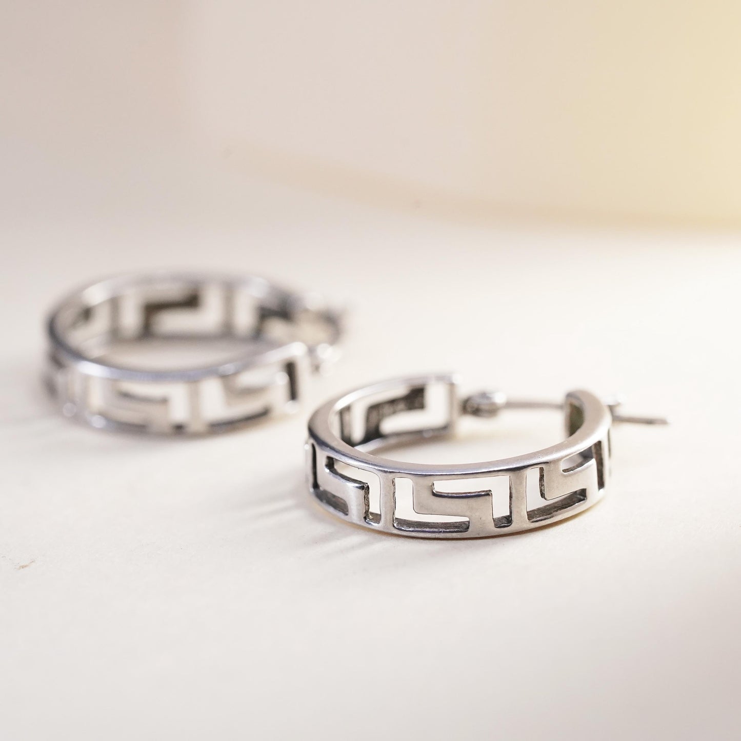 0.75", Vintage sterling silver loop earrings, fashion Greek key primitive hoops