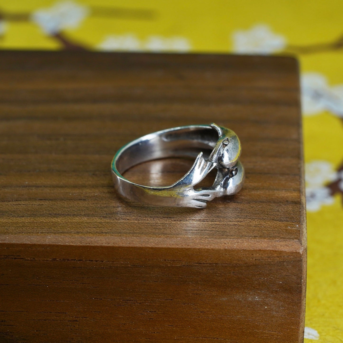 Size 7, vintage Sterling silver handmade ring, 925 double dolphin band