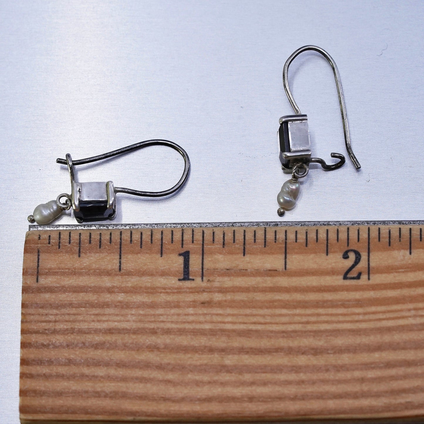 Sterling 925 silver handmade earrings with square obsidian and pearl dangles